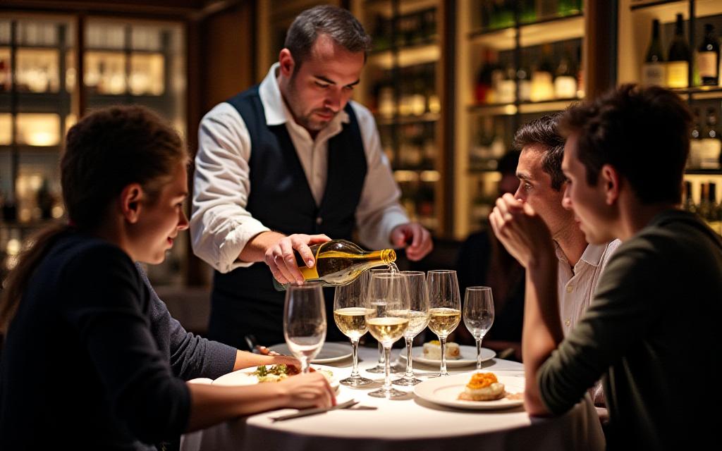 Sommelier che versa il vino per una coppia